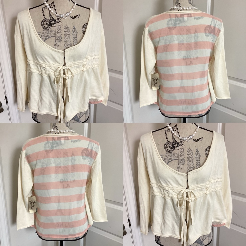 True Freedom Women’s Cream Knit Drawstring Cardigan & Pink Cream Stripes Sheer